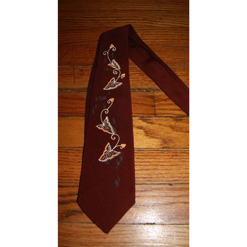 Vtg 40s 50s Beau Brummell Maroon Mens Neck Tie Ivory Orange Leaf Pattern Swing